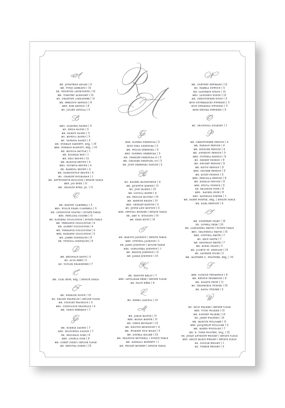 Camellia Seating Chart | Paper Daisies Stationery