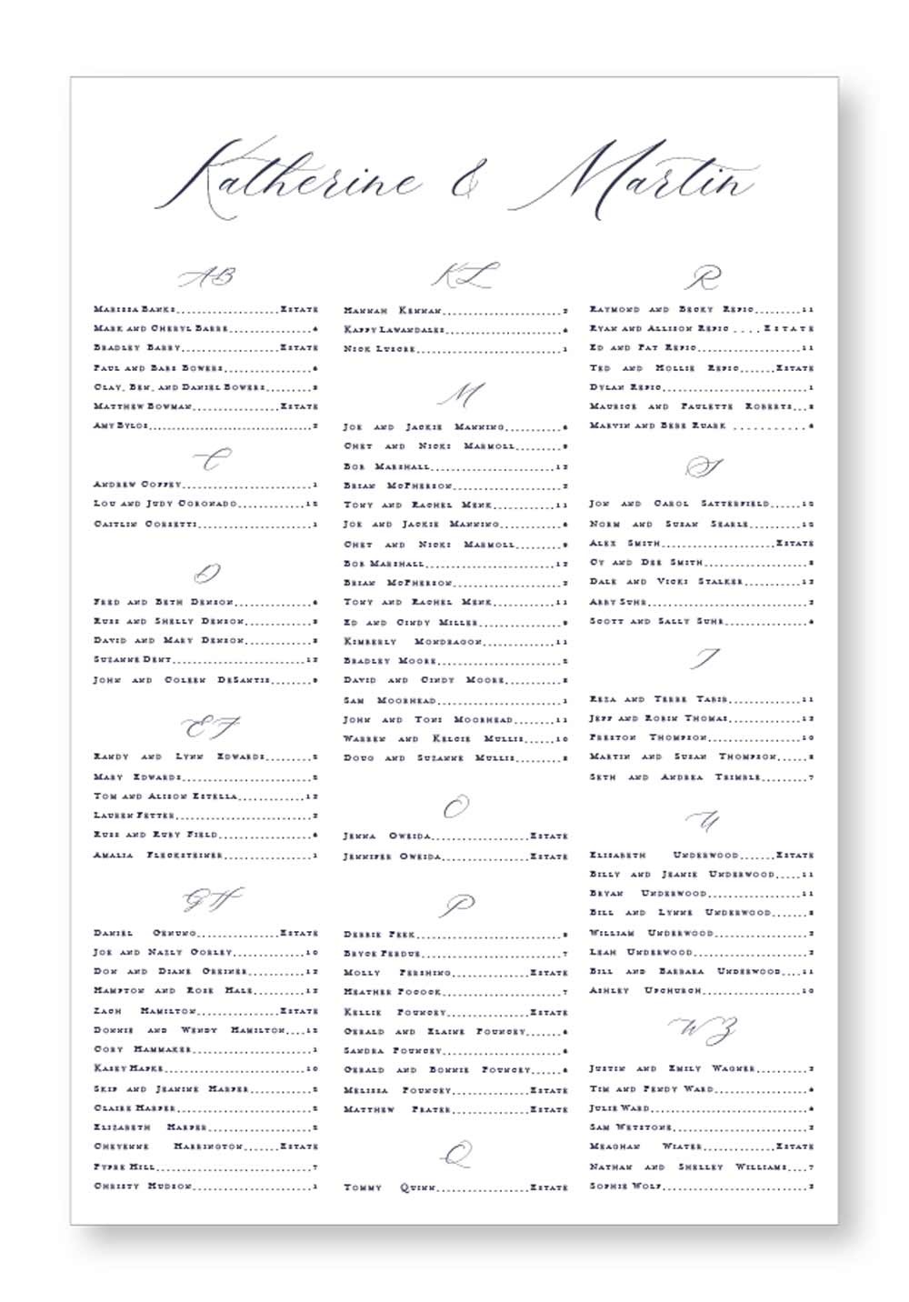 Lily | Classic Seating Chart | Paper Daisies Stationery