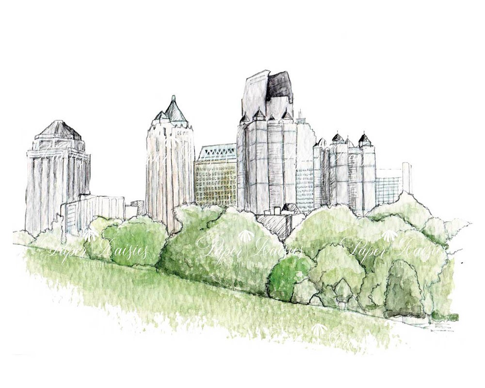 Piedmont Park, Atlanta Skyline, GA | Watercolor Venue Painting | Paper Daisies Stationery