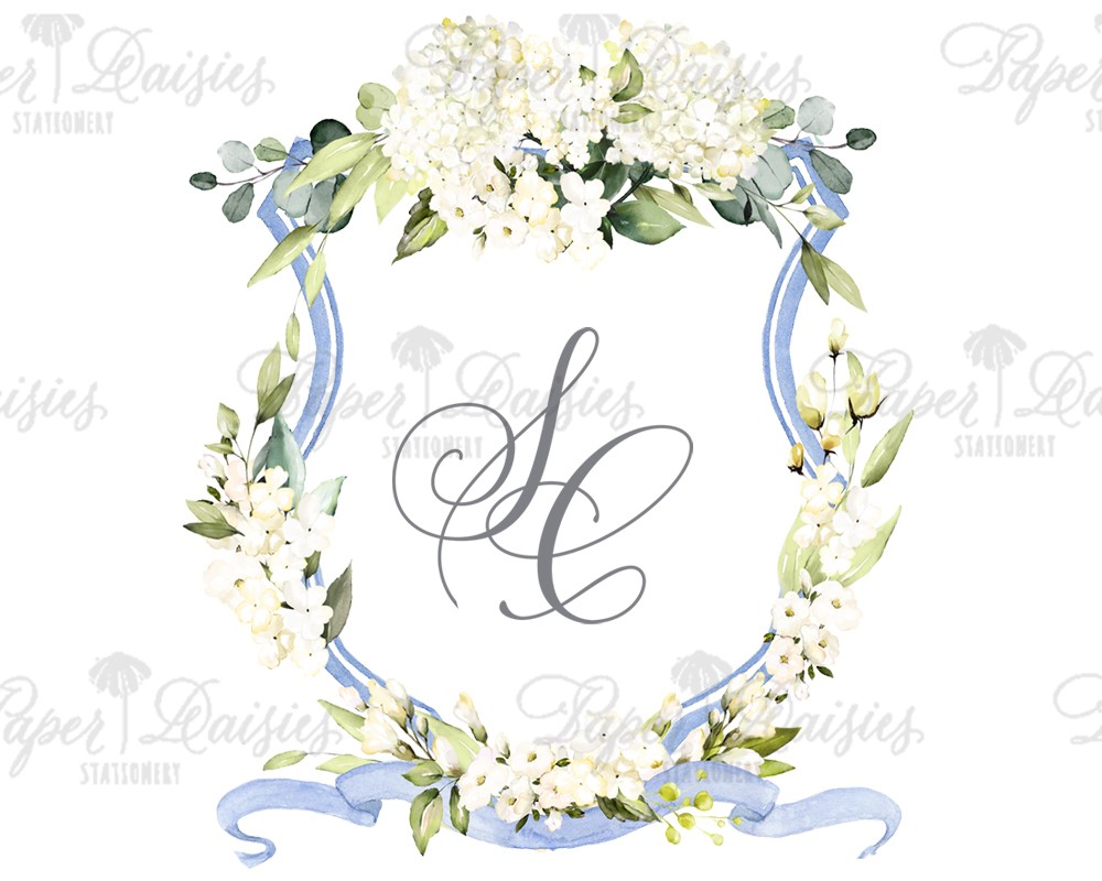 Blue Crest with Ivory Florals & Eucalyptus | Watercolor Floral Crest| Paper Daisies Stationery