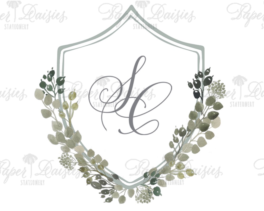 Gray Crest with Eucalyptus | Watercolor Floral Crest| Paper Daisies Stationery