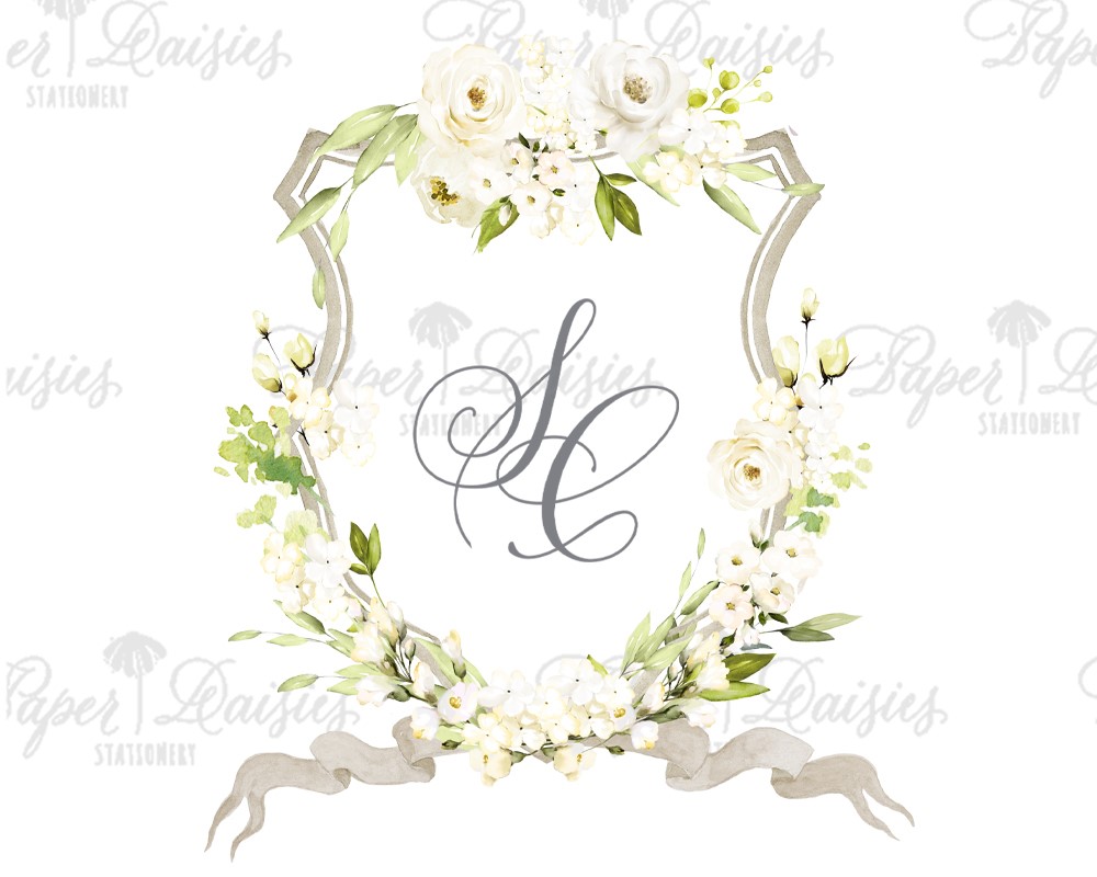 Taupe Crest with White Roses | Watercolor Floral Crest| Paper Daisies Stationery