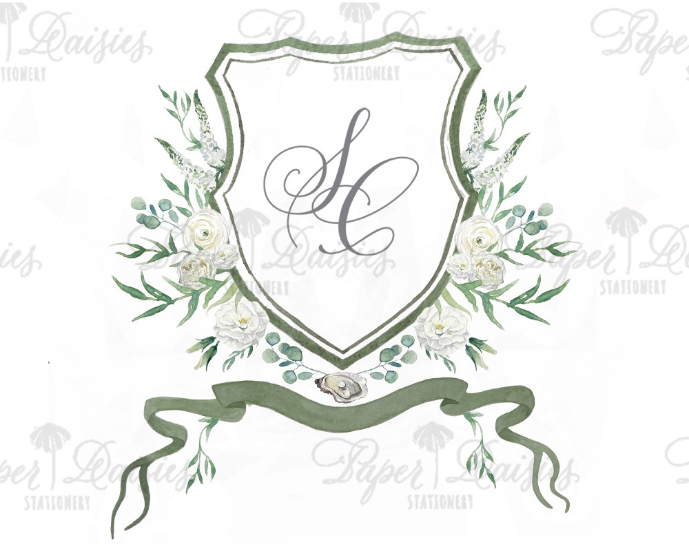 Taupe Crest with White Roses | Watercolor Floral Crest| Paper Daisies Stationery