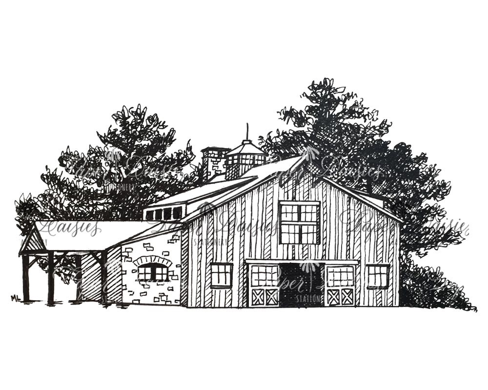 Sandy Creek Barn at Reynolds Lake Oconee, Georgia | Sketched Venue Art | Paper Daisies Stationery
